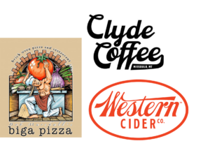 Biga Pizza, Clyde Coffee, and Western Cider logos
