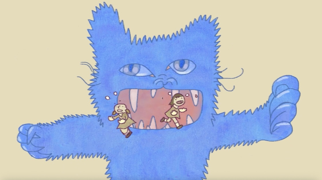 Image of animated blue creature with people running by creature's mouth.