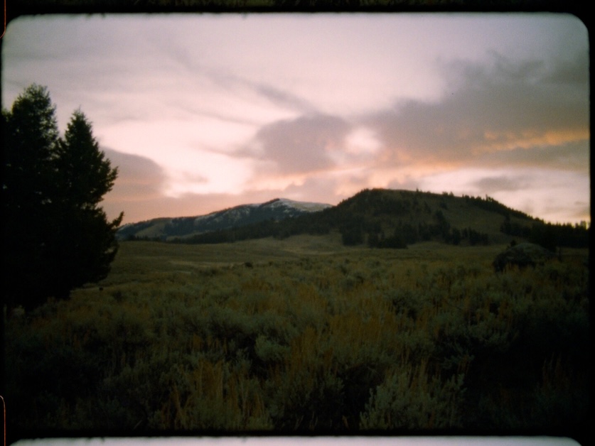 Image of pink sky and mountain range with grasses.