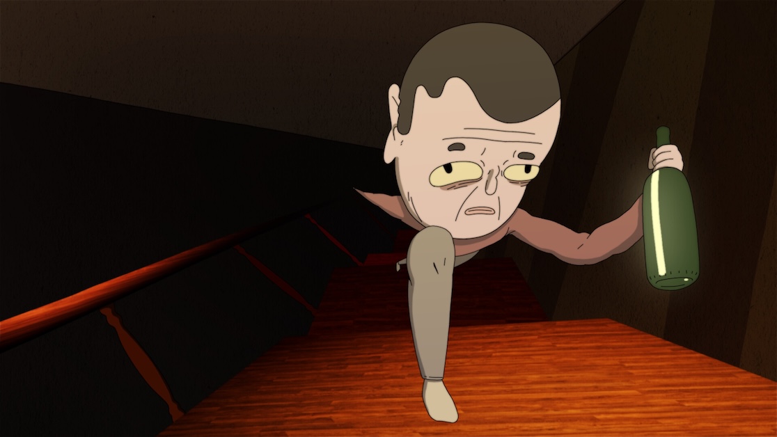 Image of animation of person holding bottle in dark environment.