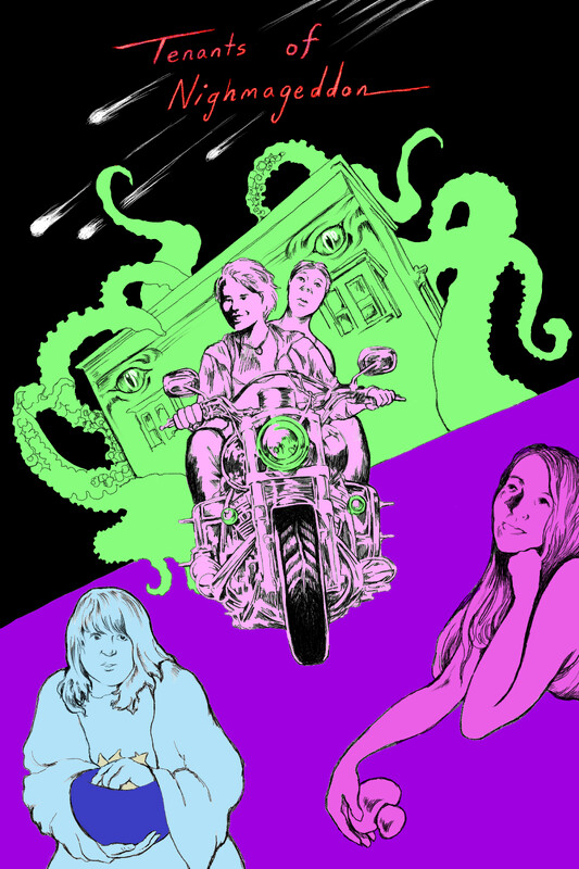 Image of a group on a motorcycle, various people looking forward or up and a green monster behind with a sky with meteors.