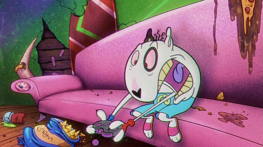 Image of animation of creature on pick couch with controller in hands.