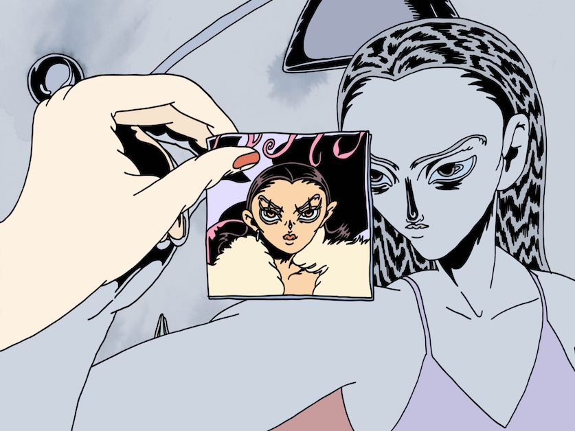 Image of animation depicting a person looking forward with a hand holding a smaller image of a person.