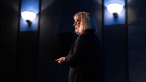 Image of person speaking in theater.