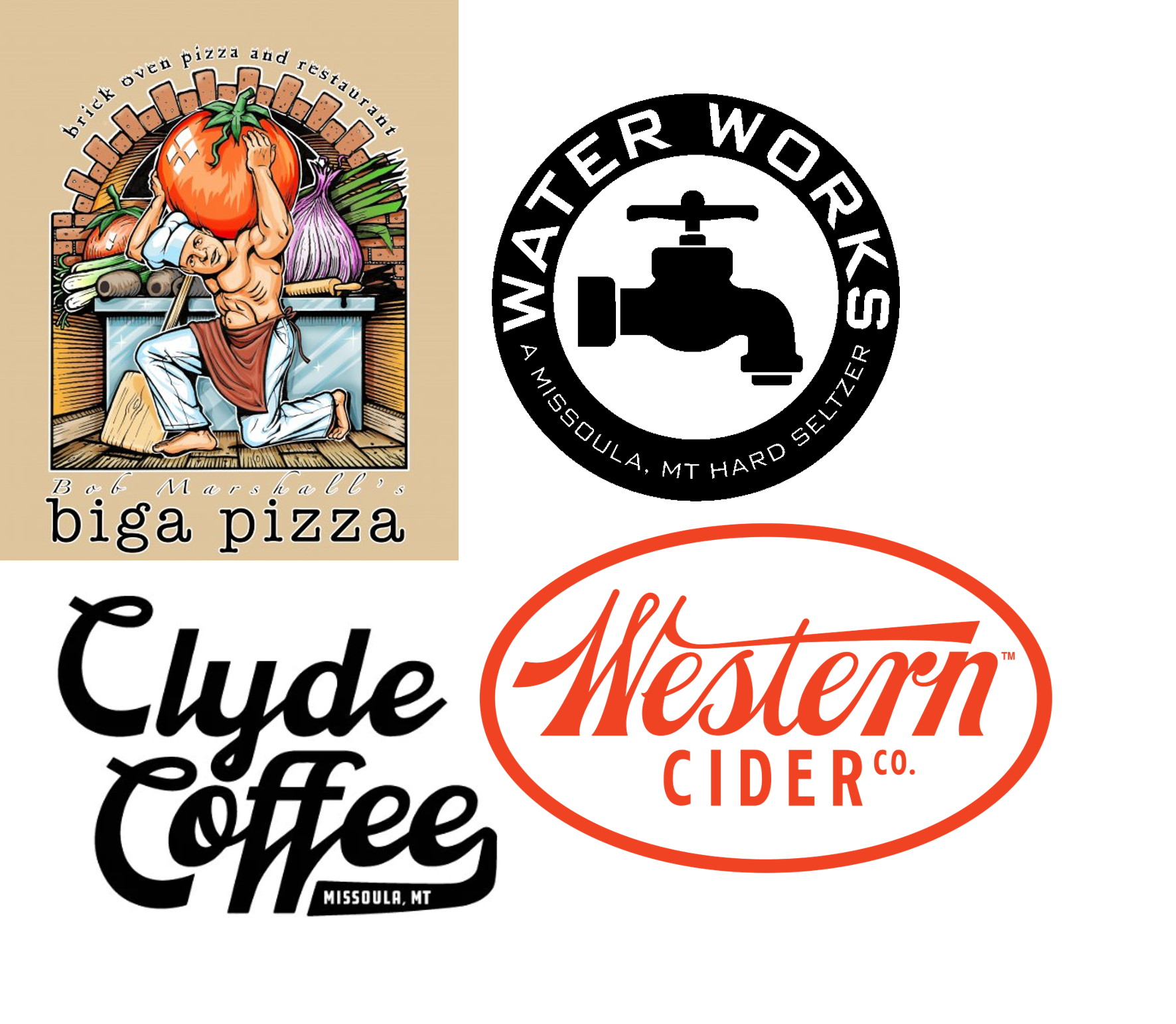 Biga Pizza, Clyde Coffee, WaterWorks, and Western Cider logos