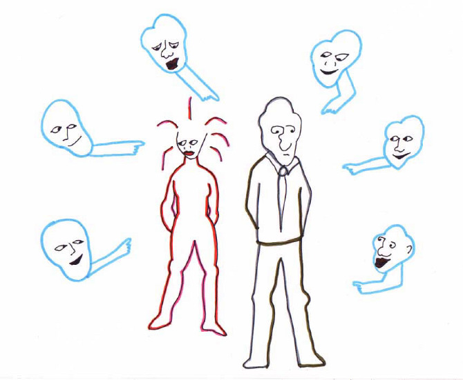 Animation of two persons standing and faces around them.