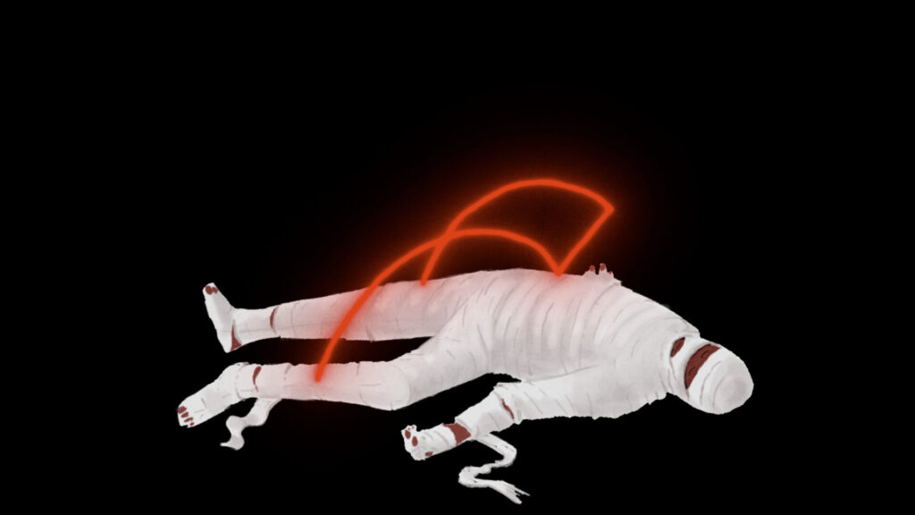 Bandaged person in black background with red lines in chest