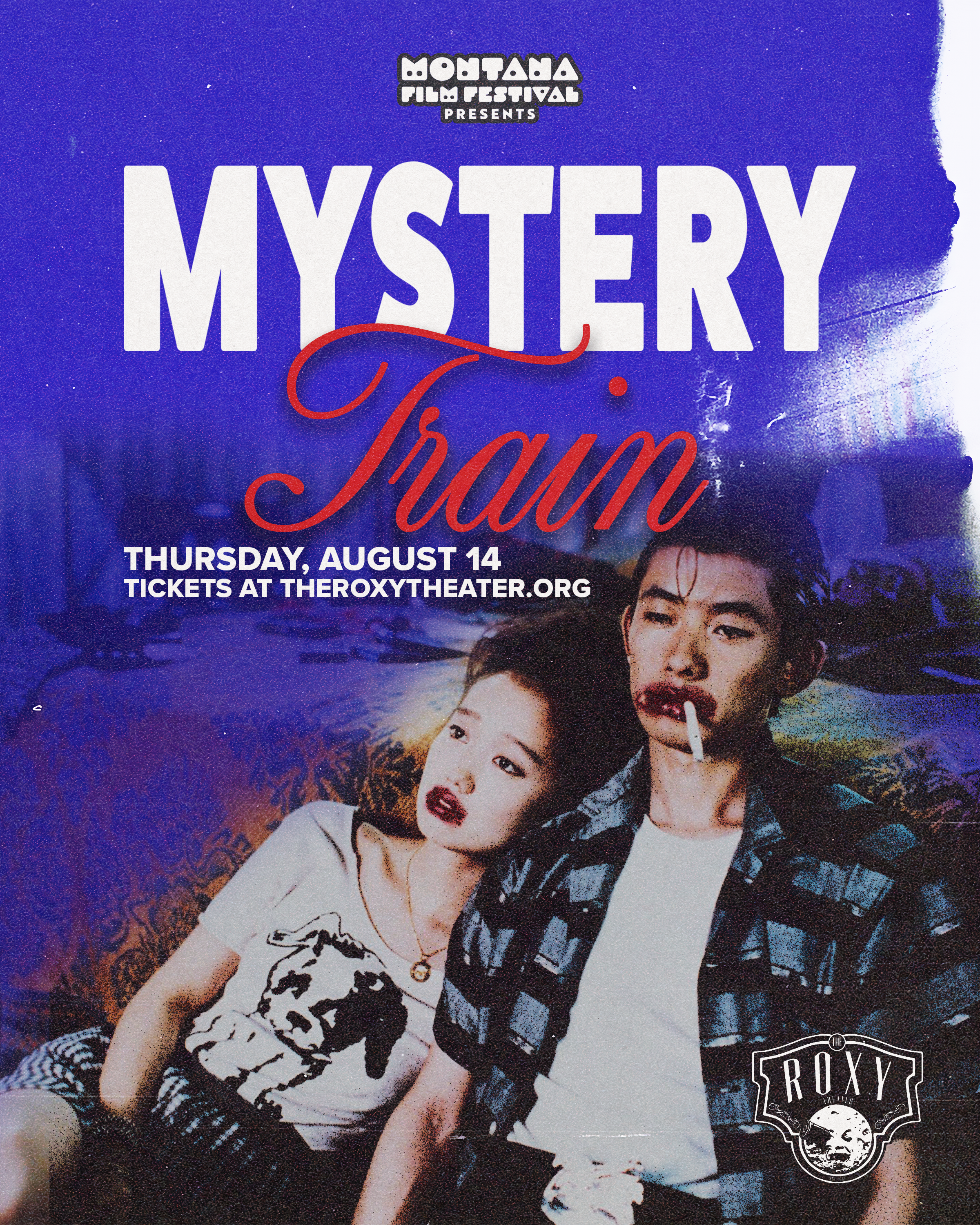 Movie poster for "Mystery Train" featuring two people with blood in their mouths sitting down.