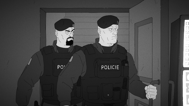 Image of animation in black and white of two police looking right with angry faces.