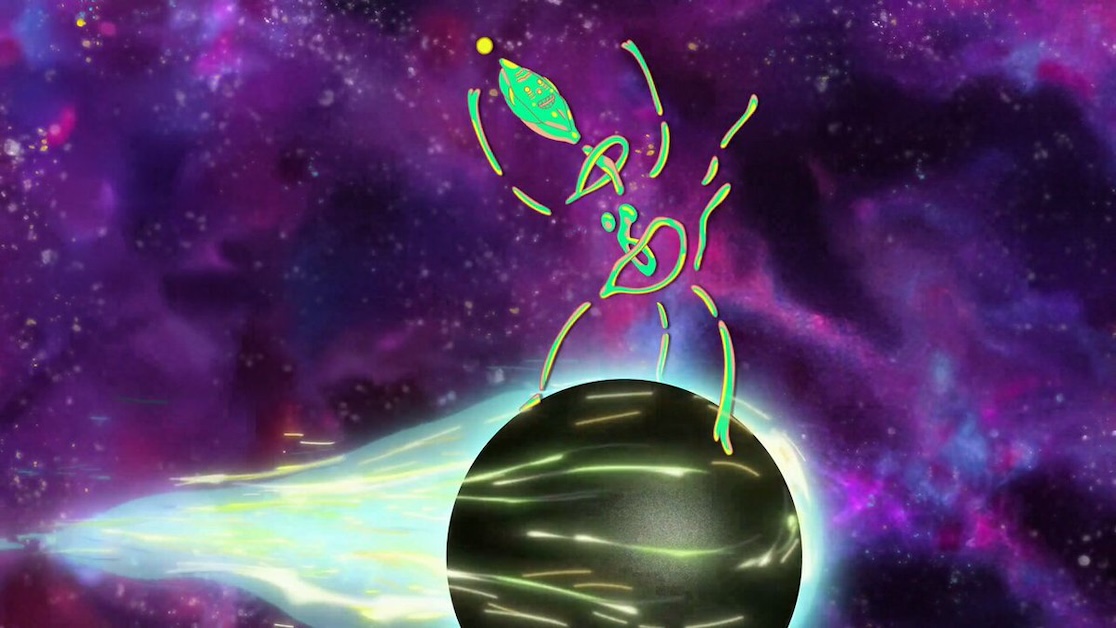 Image of animation of creature on sphere moving in purple space.