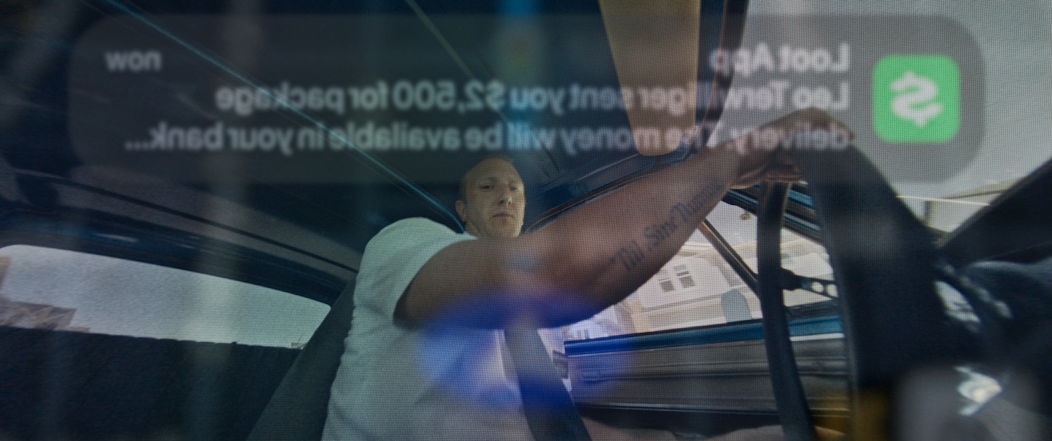 Image of person looking down in automobile with overlay of text.