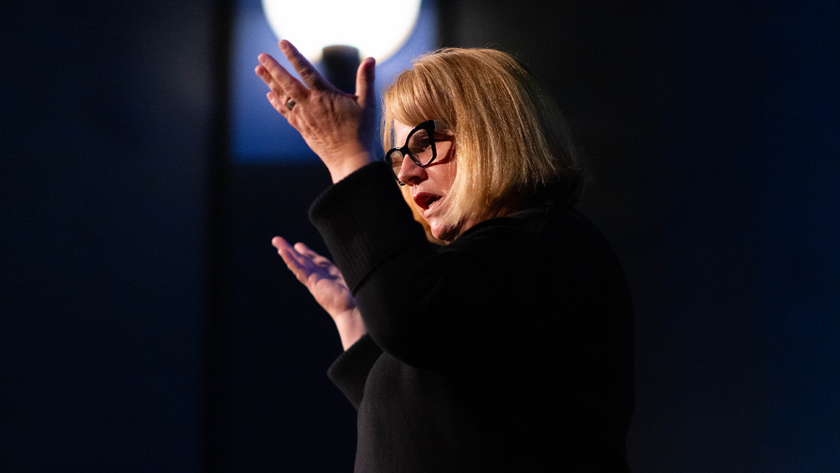 Image of person speaking with hands raised in theater.